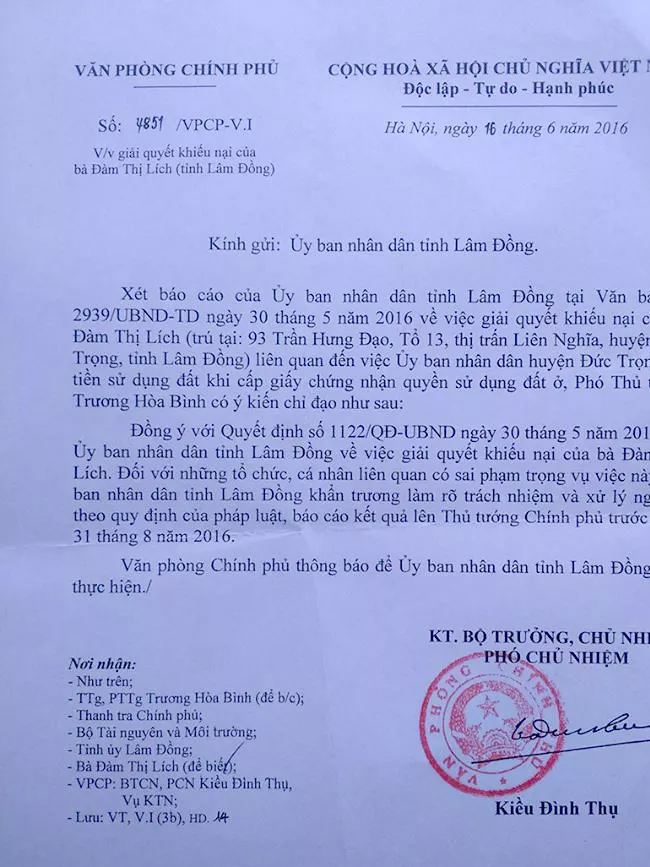 Văn bản số 4851/VPCP-V.I gửi đến UBND tỉnh Lâm Đồng truyền đạt ý kiến chỉ đạo của Phó Thủ tướng Chính phủ Trương Hòa Bình yêu cầu khẩn trương làm rõ trách nhiệm và xử lý nghiêm đối với những tổ chức, cá nhân liên quan có sai phạm trong vụ áp thuế oan 5,7 tỷ đồng đối với cụ Lích.