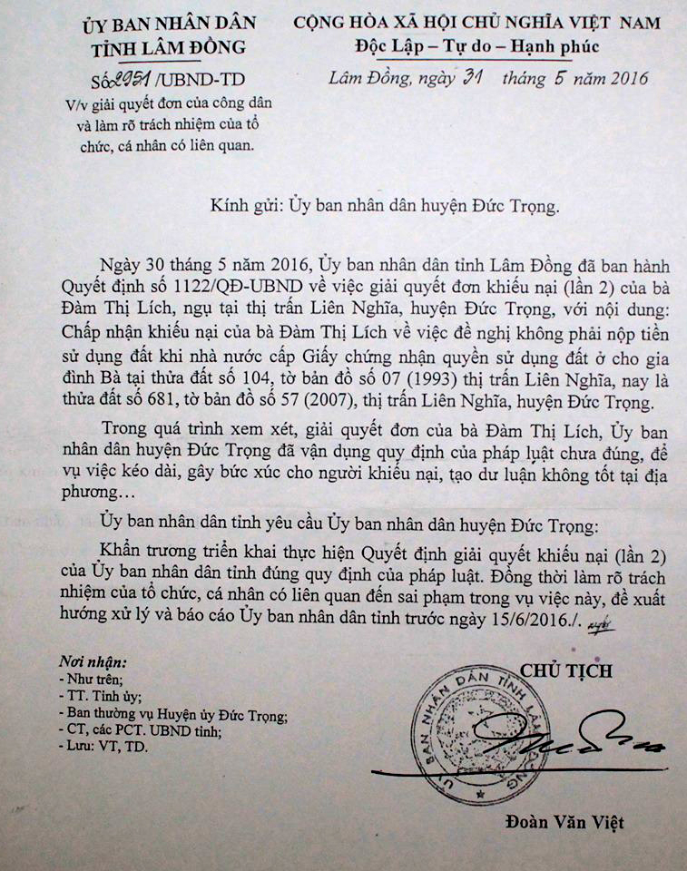 Hơn 2 tháng sau chỉ đạo của Chủ tịch UBND tỉnh Lâm Đồng nhưng huyện Đức Trọng vẫn chưa hoàn tất báo cáo xử lý trách nhiệm các "quan hành dân"