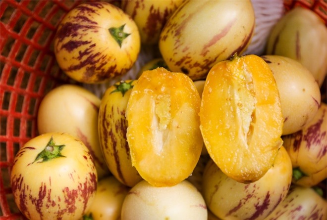 Quả dưa Pepino có vị ngọt dịu, khi chín, trái có màu vàng sọc tím.