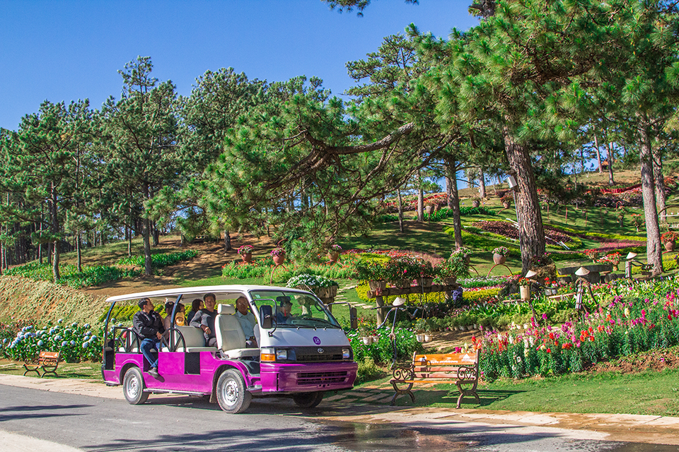 Xe điện chở du khách tham quan TTC World - Thung lũng Tình yêu.