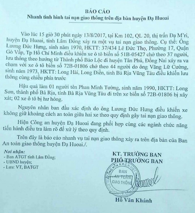 Báo cáo của Ban An toàn giao thông tỉnh Lâm Đồng khẳng định không có chuyện hai xe khách dìu nhau